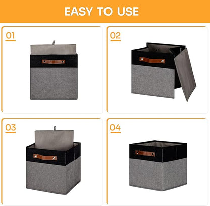 DULLEMELO 11x11 Storage Cubes, Collapsible Sturdy Cube Storage Bins With Handles for Organizing,Fabric Storage Cubes Baskets for Shelves Nursery Closet Home Organization and Storage (Black&Grey)