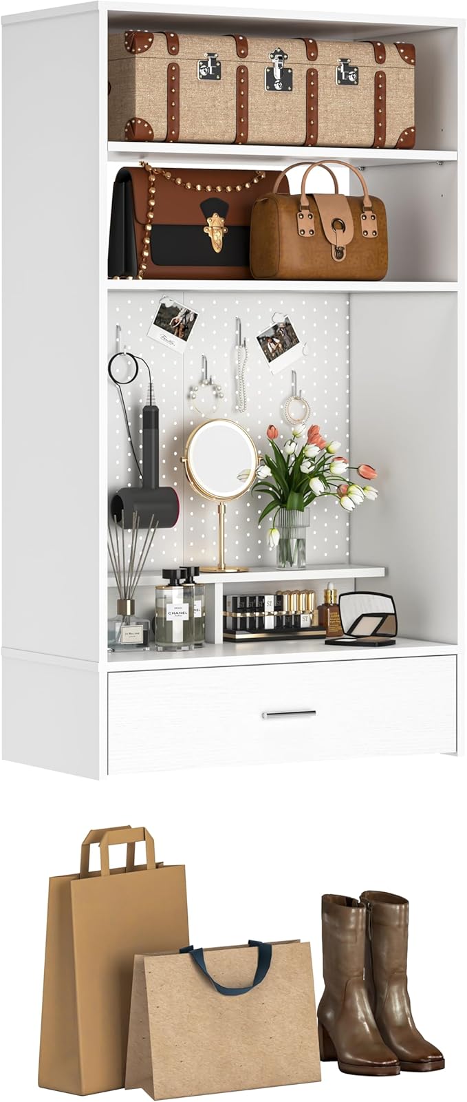 Unikito 24 inch Closet System with Drawers and Magnetic Pegboard, Wall Mounted Closet Organizer with Vanity Storage Shelves, Multipurpose Vanity Desk for Bedroom, Mudroom, and Entryway, White