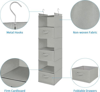 MAX Houser 6 Tier Shelf Hanging Closet Organizer, Closet Hanging Shelf with 2 Sturdy Hooks for Storage, Foldable (Light Grey-D3)