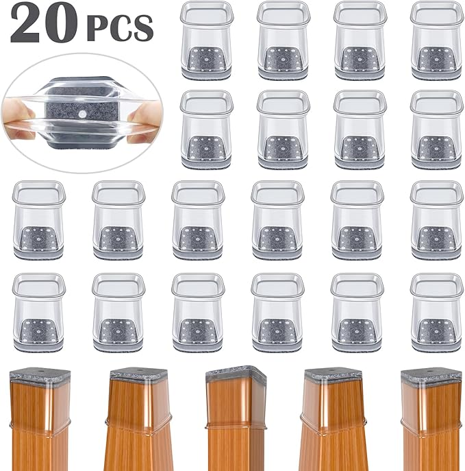 BUMACO Chair Leg Floor Protectors Square Chair Leg Protectors for Hardwood Floors Silicone Pads Covers to Protect Floors Clear-20 Pcs Square S (3/4" to 1")