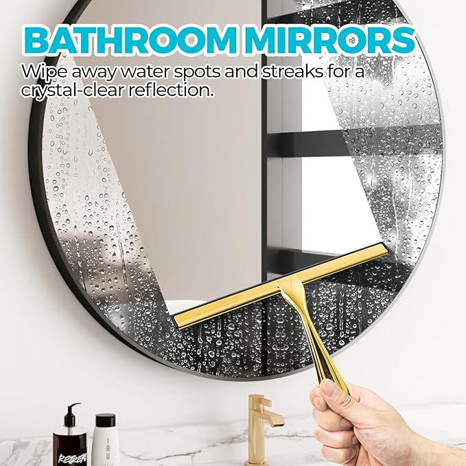 2PACK 12-Inch Golden All-Purpose Shower Squeegee for Shower Doors, Bath Linen Sets, Tile Shower Walls, Bathroom, Window, Glass and Car Windshield, Mirrors and Kitchen-Stainless Steel
