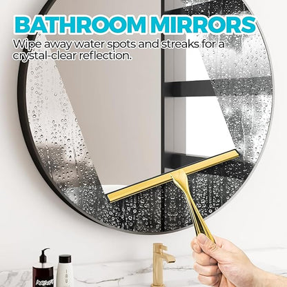2PACK 12-Inch Golden All-Purpose Shower Squeegee for Shower Doors, Bath Linen Sets, Tile Shower Walls, Bathroom, Window, Glass and Car Windshield, Mirrors and Kitchen-Stainless Steel
