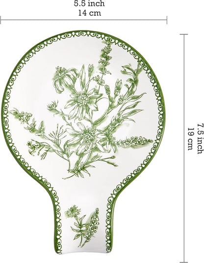 Bico Green Garden Toile De Jouy Spoon Rest for Stove Top, Ceramic Spoon Holder for Kitchen Counter, Easy to Clean Coffee Spoon Rest Dishwasher Safe, Kitchen Cooking Utensil Rest for Ladles Spatula