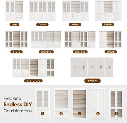 70.8" Bookshelf with Glass Doors, Farmhouse Modular Bookcase with 6-Tier Adjustable Shelves, Large Storage Cabinet for Living Room & Home Office, Set of 4, White
