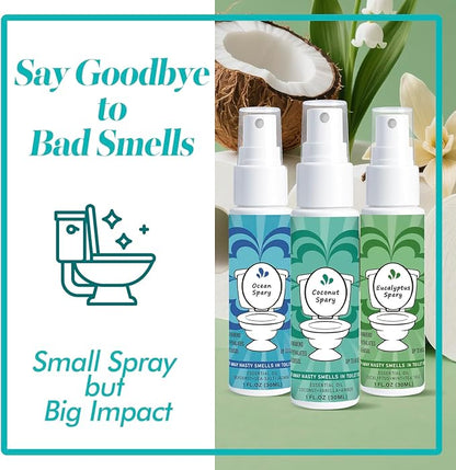 Toilet Spray for Poop 3 Pack, Travel Size Variety, Bathroom Odor Eliminator - Ocean Eucalyptus Coconut