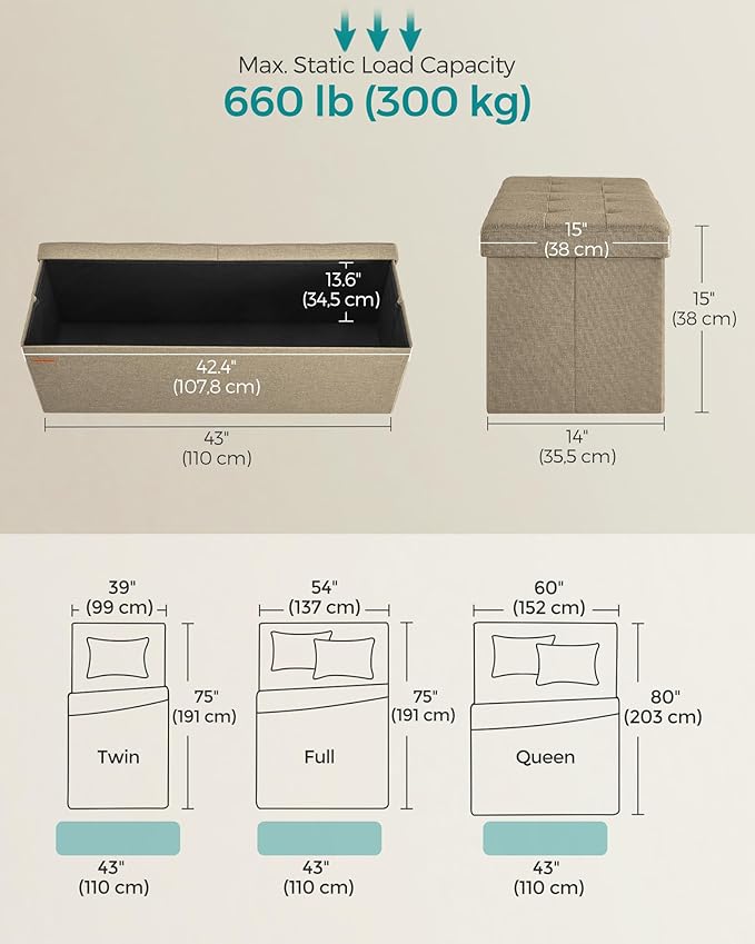 SONGMICS Mazie Collection - 43 Inches Storage Ottoman, Foldable Storage Bench with Flipping Lid, 660 lb Load Capacity, for Entryway, Living Room, Bedroom, Camel Brown ULSF076K01