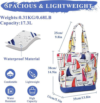 VASCHY Beach Bag for Women, Large Waterproof Sandproof Fold-able Packable Pool Tote Bag w Zipper/Pockets