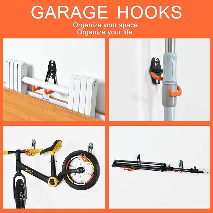 AOBEN Garage Hooks Heavy Duty, Steel Garage Storage Hooks, Utility Tool Hangers and Combinable Wall Mount for Organizing Ladders, Bikes, Hoses, and More Equipment (Small J, 4 Pack)