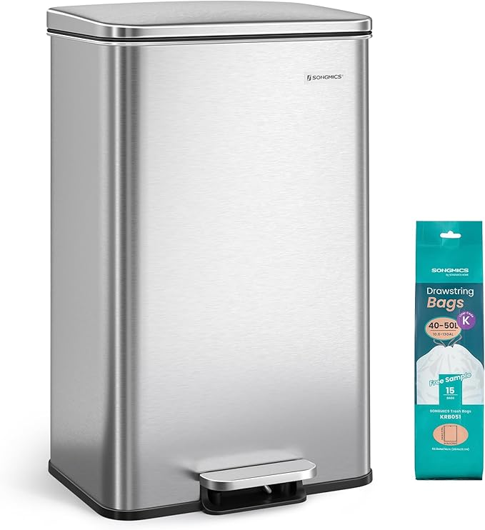 SONGMICS Kitchen Trash Can, 10.5 Gallon (40 L) Garbage Can, Large Step Trash Bin with Lid, Stainless Steel, Soft Close, 15 Trash Bags Included, Silver ULTB540E40