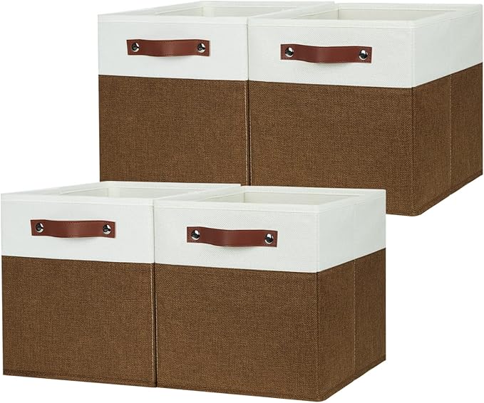 HNZIGE Fabric Cubes Storage Bins Set of 4,11 x 11 Clothes Storage Cube Baskets,Cube Organizing Bins for Shelves with Handles,Canvas Baskets for Organizing Home(Brown White)
