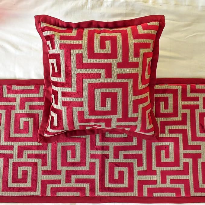 The HomeCentric King/Queen/Twin Red Designer Full 68"x18" Bed Runner with Pillow Cover, Maze Bed Scarf on Velvet Fabric - Path