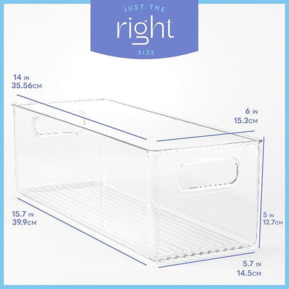 Plastic Food Storage 4 Pack Clear Container Bin with Handles for Organizing Kitchen, Pantry, Fridge, Freezer, Pantry, Bathroom. 14"x6"5"
