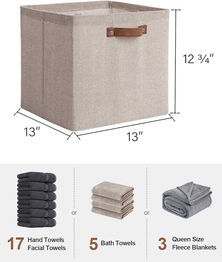 StorageWorks 13x13 Inches Storage Cube, Fabric Storage Bins with PU Handles, Collapsible Organizer Baskets for Closet, Brown and Beige, 6-Pack
