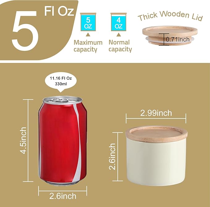 Sweejar Kitchen Canisters Ceramic Food Storage Jar, Stackable Containers with Airtight Seal Wooden Lid for Serving Ground Coffee, Tea, Sugar, Spice and More - 5 Fl Oz(Beige)