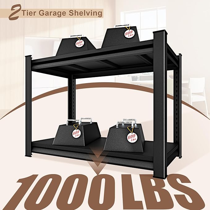 40" W 2-Tier Garage Shelving Heavy Duty, 1000LBS Loads Garage Storage Shelves, Metal Shelving Units and Storage Racks, Industrial Utility Shelf Heavy Duty,40" Wx16 Dx36 H, Black