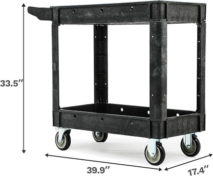 DWVO Utility Cart, 1000 lbs Capacity, 2 Shelf Heavy Duty Plastic Service Utility Cart on Wheels, Rolling Storage Work Carts Suitable for Warehouse, Garage, School & Office, Cleaning, Black