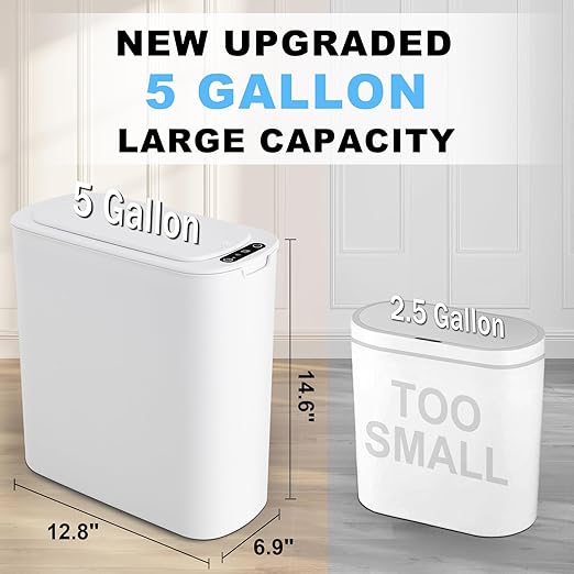 Cesun Motion Sensor Trash Can, 5 Gallon Automatic Bathroom Garbage Can with Lid, Touchless Smart Plastic Slim Wastebasket for Bathroom, Office, rv, Bedroom, Living Room, White
