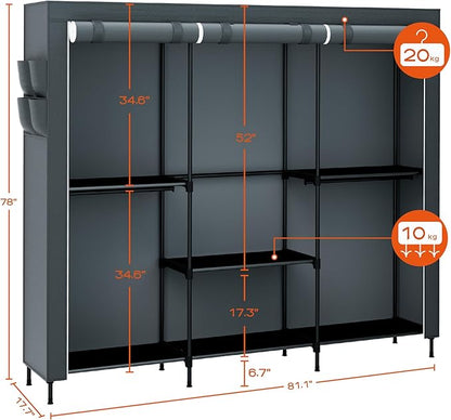 Clothes Rack, Portable Closet, 81.5 Inch Large Capacity Wardrobe Closet, Clothes Storage Organizer with Shelves and 5 Hanging Rods, Easy to Assembly, Grey PCT136G01