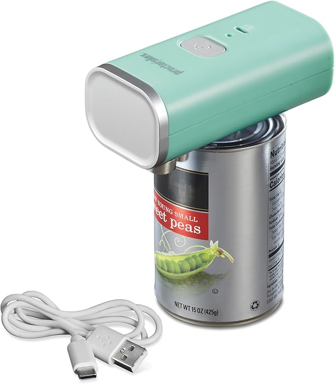 Proctor Silex Automatic Electric Can Opener, Hands Free Cordless Operation & USB Rechargeable, Self-Aligning, Cut Smooth Touch Lid Edges, Compact and Easy to Store, Mint
