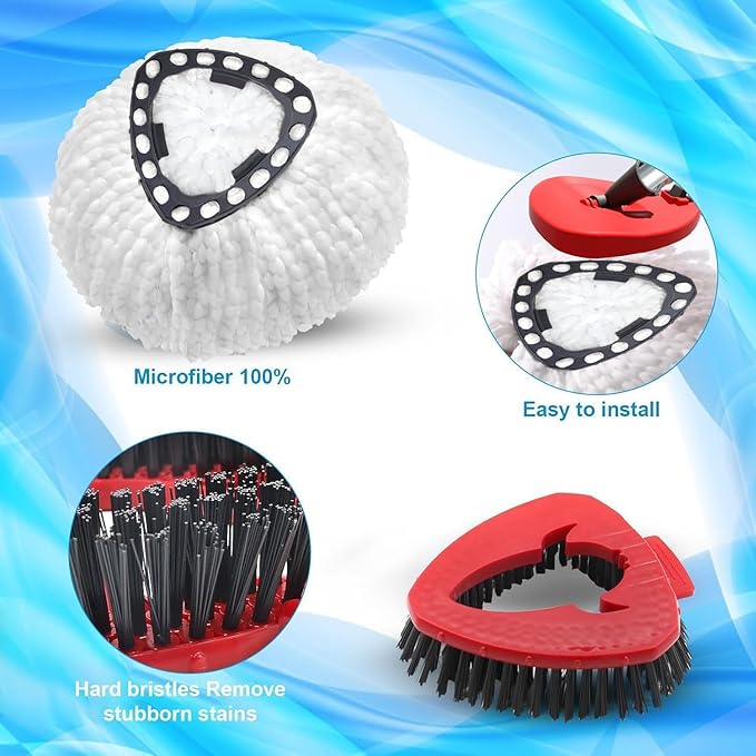 Spin Mop Head and Brush Replacement Compatible with O Cedar EasyWring 1-Tank System, 4 Mop Replace Heads, 1 Handle, 1 Base and 1 Scrub Brush Combo Set