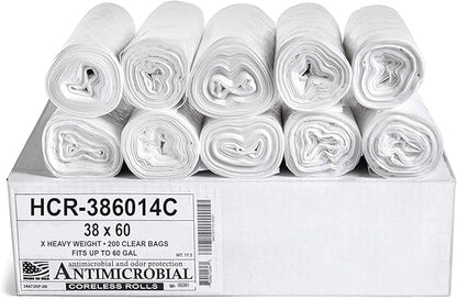 Aluf Plastics High Density Trash Bags, 60 Gallon, 200 Count, 14 Micron (eq), 38" x 60", Clear, for Bathroom, Office, Industrial, Commercial, Janitorial, Municipal, Recycling