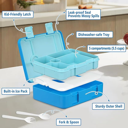 Chill Lunch Box Kids, Leak Proof Adult Bento Box with Ice Pack, 6 Compartment Lunch Container with Utensils for Girl Boy Back to School, 5.5-Cup Capacity, Dishwasher Safe, BPA Free