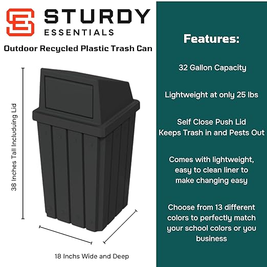 32 Gallon Square Slatted 100% Recycled Plastic Heavy-Duty Commercial Outdoor or Indoor Trash Can with Push Top Lid | Great for Schools and Businesses - Black