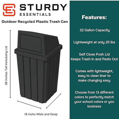 32 Gallon Square Slatted 100% Recycled Plastic Heavy-Duty Commercial Outdoor or Indoor Trash Can with Push Top Lid | Great for Schools and Businesses - Black