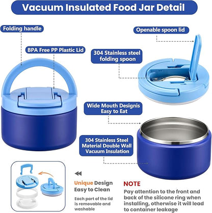 Bento Lunch Box with 8oz Soup Thermo,Kids Leakproof 4 Compartment Lunch Food Containers with Sauce Cup and Ice Pack,Kids Thermo Insulated Hot Food Jar and Lunch Bag for School,Trvael-Blue