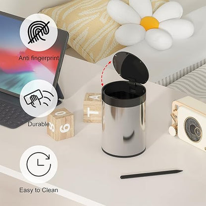 Mini Trash Can for Desk 0.4 Gallon,1.5L Stainless Steel mini Desk Trash can with Lid,Tiny Trash Can for Desk with 1 Roll Bags for Office, Home, Car,(Brushed Gray)