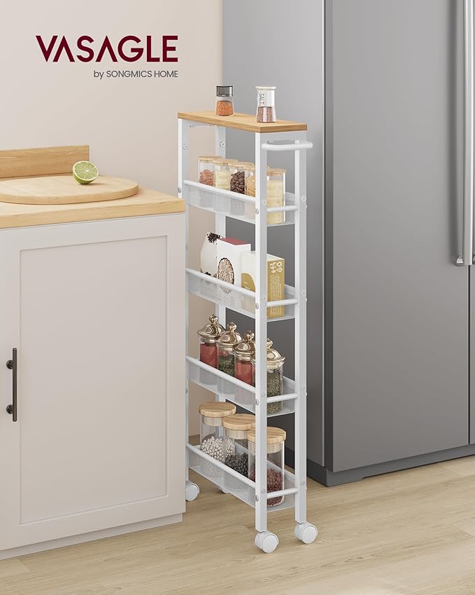 VASAGLE Slim Rolling Cart, 5-Tier Storage Cart, Narrow Cart with Handle, 5.1 Inches Deep, Metal Frame, for Kitchen, Dining Room, Living Room, Home Office, Oak Beige and Classic White ULRC034W09