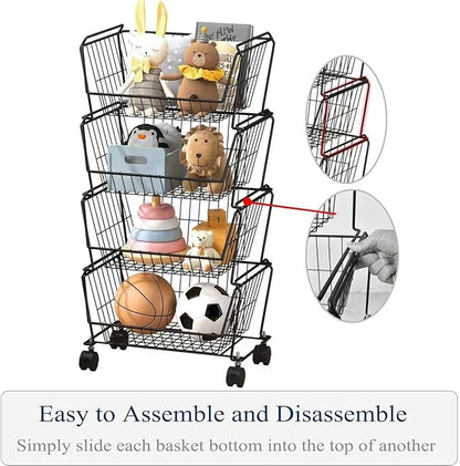 PUSDON Stackable Metal Storage Carts, Dual Use Shelf for Kitchen Fruit Vegetable Baskets with Wheels, Storage Rack for Living Room, Home & Office, Standard Black 4 Tiers