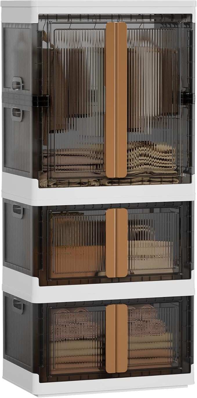 HAIXIN Closet Organizers and Storage, 77.6 Gal Stackable Bins, Wardrobe Organizer, Collapsible Clothing Storage with Closet Rod and Clothes Hangers (1 Pack 39.6 Gal and 2 Pack 19 Gal)
