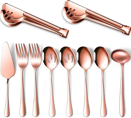 Patelai Serving Utensils Set Include Stainless Steel Large Spoons Slotted Spoons Forks Tongs Soup Ladle and Pie Server for Parties Buffet Catering, Dishwasher Safe(Rose Gold,10 Pieces)