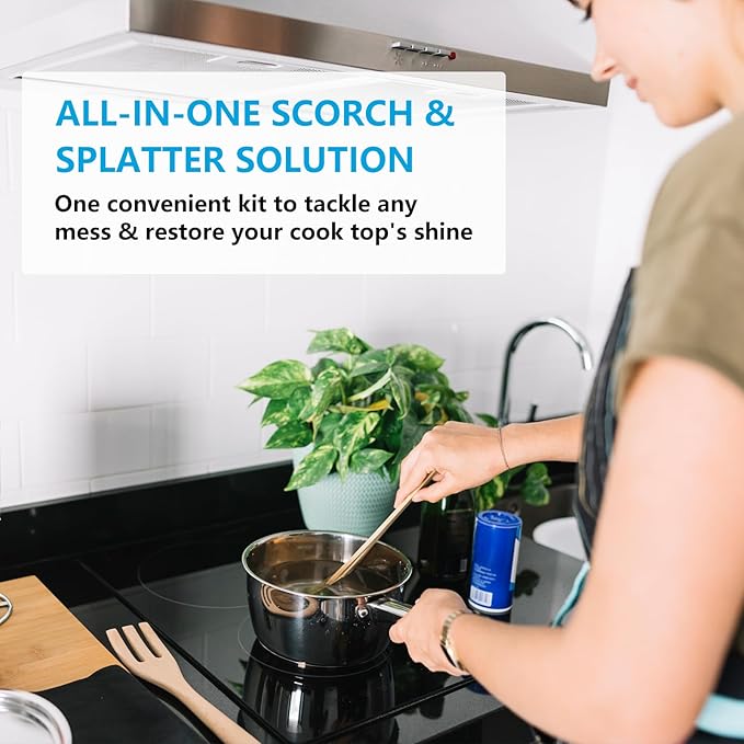 Cooktop and Stove Top Cleaner Kit, Glass Cooktop Cleaner Combo Kit with Razor, Scraper, Scrubbing Pad Removes Tough Stains, Stovetop Cleaner for Glass and Ceramic Surfaces，34OZ