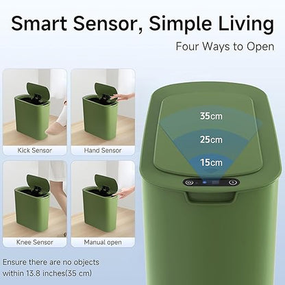 Automatic Motion Sensor Bathroom Trash Can with Lid, 2.6 Gallon Touchless Trash Bin, Smart Garbage Can Plastic Slim Wastebasket for Bedroom, Office, Dorm (Green)