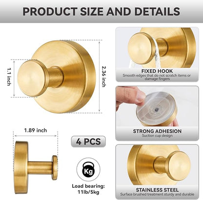 4 PCS Suction Cup Hooks for Shower, Stainless Steel No Drill Suction Towel Hooks, Reusable Sticky Silicone Suction Cup Base for Bathroom Wall, Glass, Mirror, Tile to Hang Loofahs, Robes (Gold)