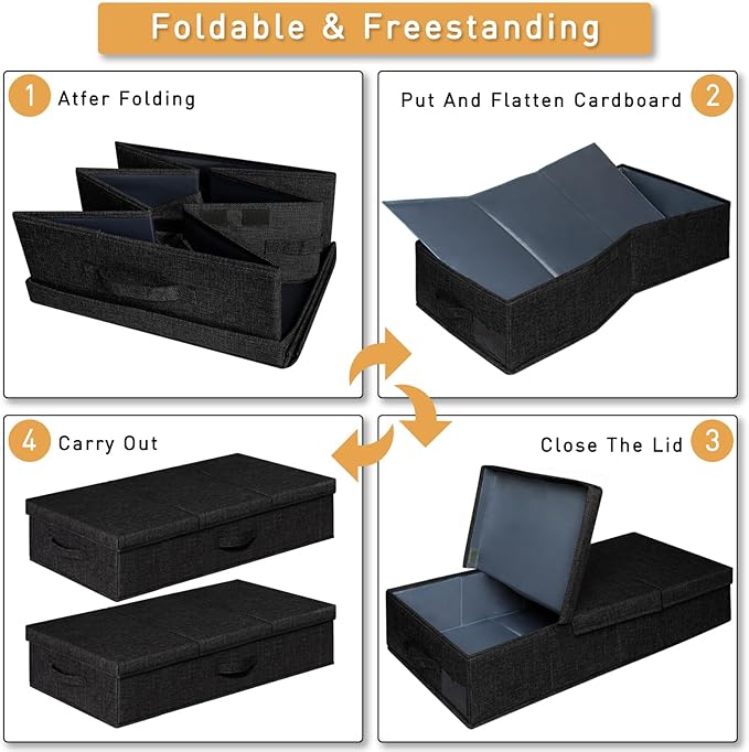 punemi Under The Bed Storage Containers 3 Pack, 6 Inch Tall Stackable Underbed Storage Bins With Handles, Closet Organizers and Storage Bins, Large Under Clothes Drawer Organizers Box For Crib, Black