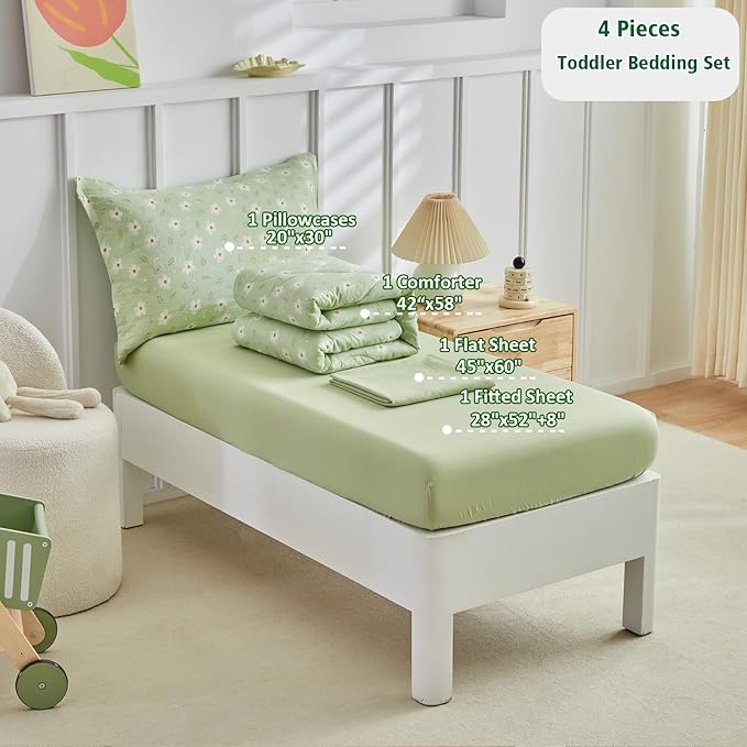 DuShow Green Floral Toddler Bedding Set,4 Pieces Toddler Crib Bed Sheet Set for Girls and Boys,Soft Toddler Comforter Set Includes Comforter,Flat Sheet,Fitted Sheet,Pillowcase
