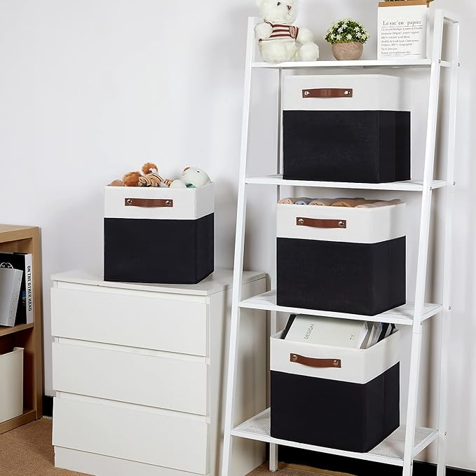 Temary Foldable Storage Cubes Set of 4 - Organizers with Handles, Decorative Storage Boxes for Home, Office (White&Black)