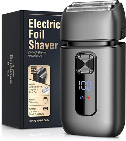 Brightup Foil Shaver, Mens Electric Razor, Shavers for Men with Trimmer, Cordless USB-C Rechargeable Waterproof Double Floating Blades for Close Shaving Face, 2 Speed, LED Display&Travel Pouch, Gray