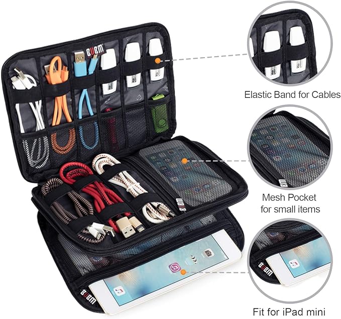 BUBM Double Layer Electronic Accessories Organizer, Travel Gadget Bag for Cables, USB Flash Drive, Plug and More, Perfect Size Fits for iPad Mini (Medium, Black)