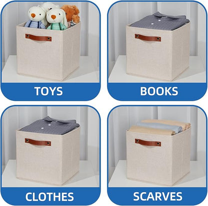 Temary 11x11 Storage Cubes Fabric Storage Cubes Storage Bins with Dual Leather Handles Canvas Storage Boxes for Organizing Home, Shelf, Closet (Beige, 11 x 11 x 11)