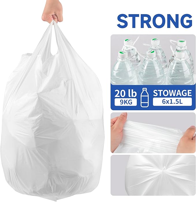 Small Trash Bags with Handles 13 Gallon 20 Count White - Ocean Plastic Upcycling - Plastic Garbage Bags, Can Bin & Waste Basket Liner for Kitchen, Bathroom, Office and Pets