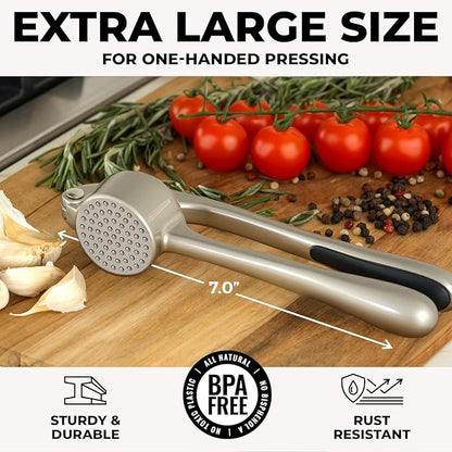 Zulay Kitchen Large Premium Garlic Press Set - Bigger Bowl for Bigger Garlic - Rust Proof & Dishwasher Safe Garlic Mincer Tool - Easy-Squeeze, Easy-Clean Silicone Garlic Peeler & Brush (Silver)