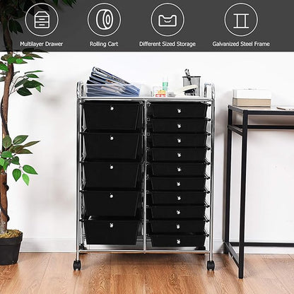 GOFLAME 15-Drawer Rolling Storage Cart, Multipurpose Movable Organizer, Utility Cart for Home, Office, School, Black