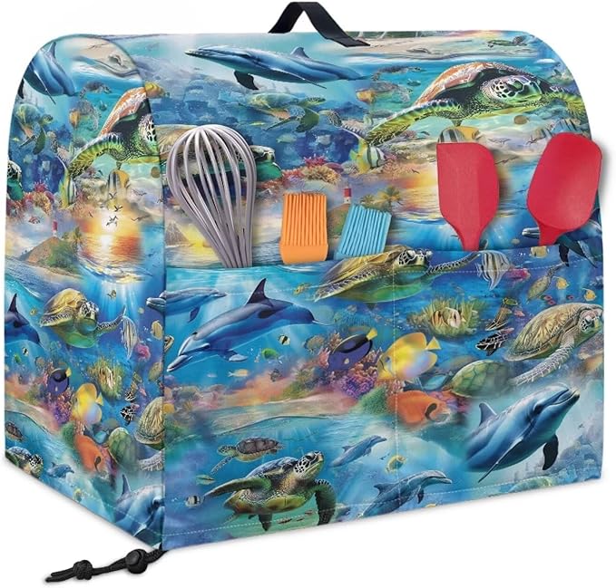 Ocean Dolphin Turtle Print Mixer Cover Stand Mixer Dust Proof Covers with Handle and Front Pockets Kitchen Aid Mixer Cover for 6-8 Qt Mixer,Kitchen Coffee Maker Toaster Machine Dust Cover