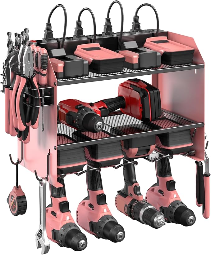 CCCEI Modular Power Tool Organizer Wall Mount with Charging Station. Garage Drill Storage Shelf with Hooks, Heavy Duty Rack, Tool Battery Holder Built in 8 Outlet. Gift for Men. Pink, 1 Pack.