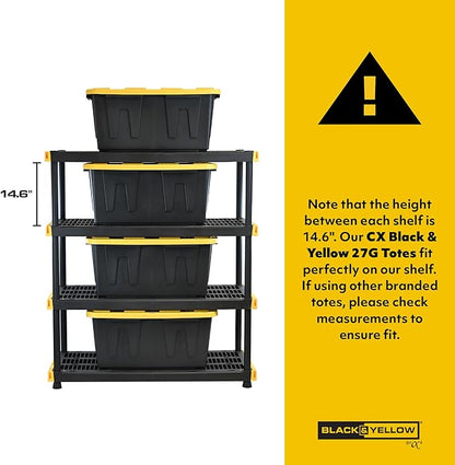 BLACK & YELLOW, 4-Tier Heavy Duty Plastic Storage Shelving Unit, 200lbs/shelf (55"H x 48"W x 20"D), for Indoor/Outdoor Organization, Modular Rack