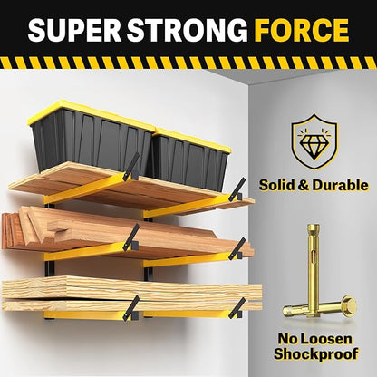 GREENER Lumber Storage Rack Folding Wood Storage Racks Wall-Mounted Metal Racks for Storage with 3-Level Heavy Duty Garage Wood Organizer for Woodworking Shop Indoor & Outdoor Use, 2 pairs,Yellow